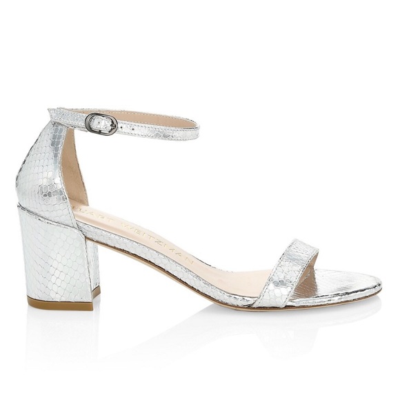 Like New, Stuart Weitzman Simple Snakeskin-Embossed Metallic Leather Sandals - Picture 1 of 5